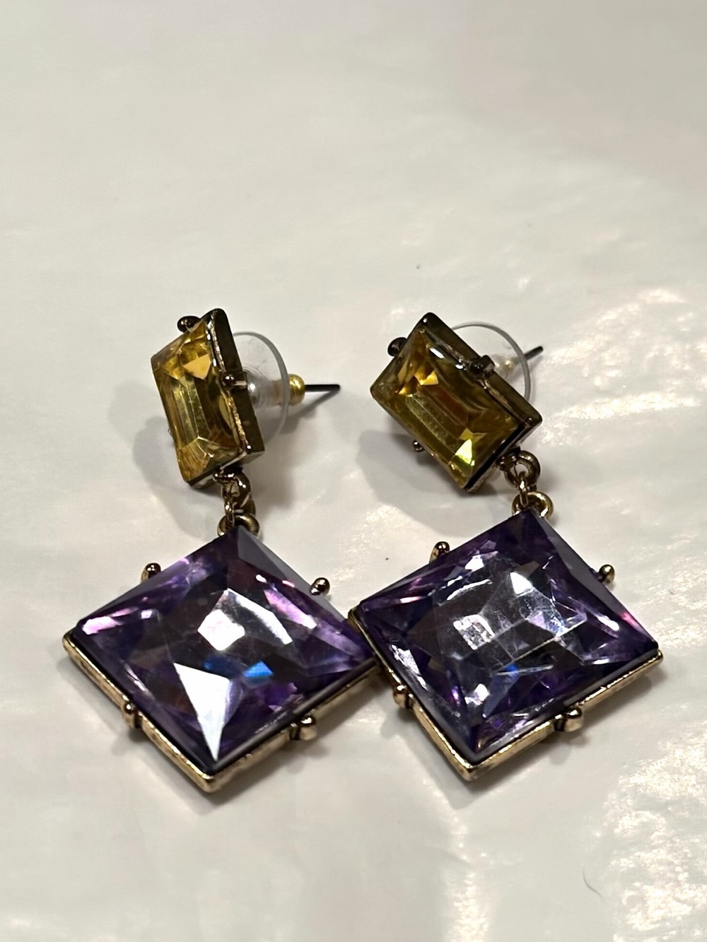 Purple & Golden Yellow Crystal Statement Drop Earrings